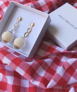 Holy Recycle Pearl Disco Balls On Pearly Cutie Chain 18K Gold Filled Earrings