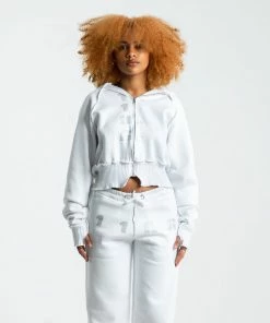 1106Airy Cropped Blingy Zip Hoodie White