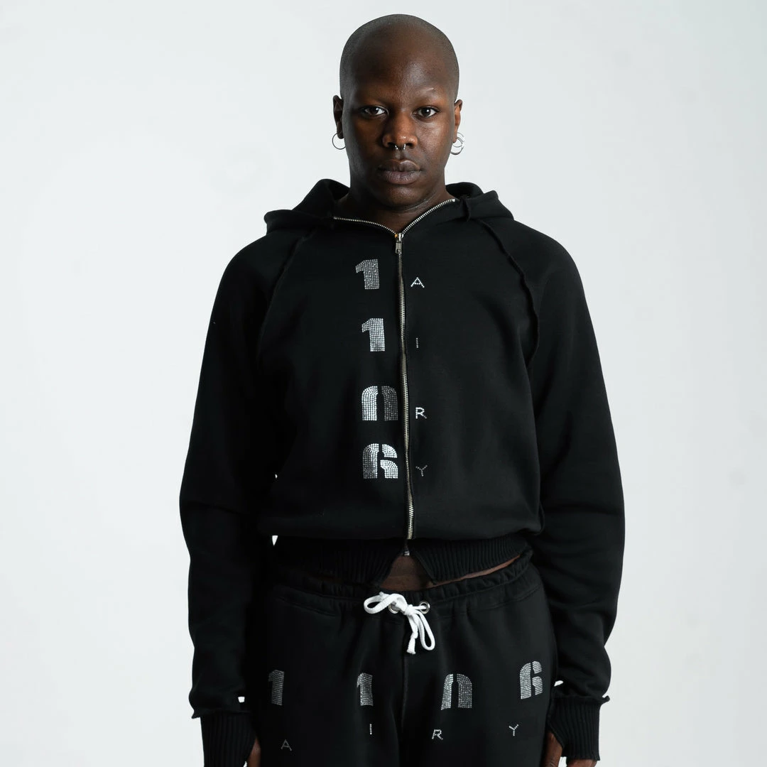 1106Airy Cropped Blingy Zip Hoodie Black