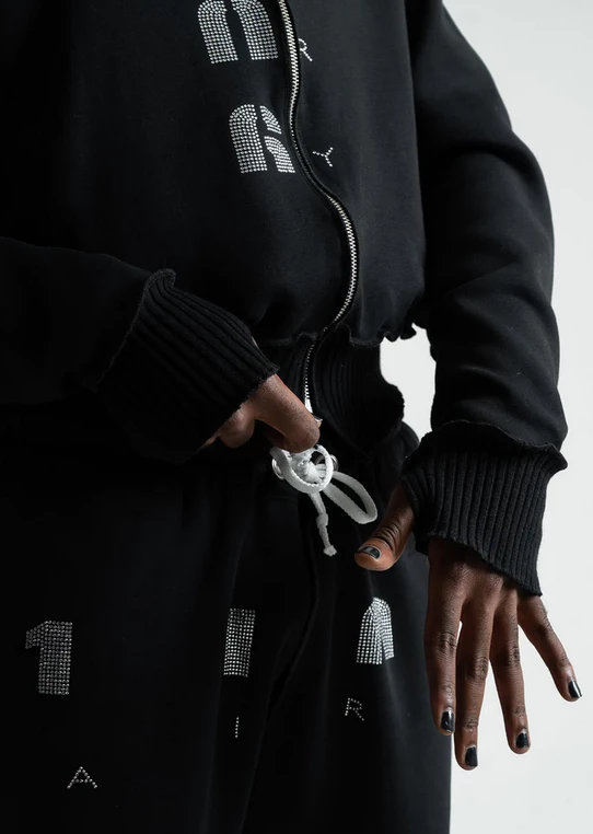 1106Airy Cropped Blingy Zip Hoodie Black