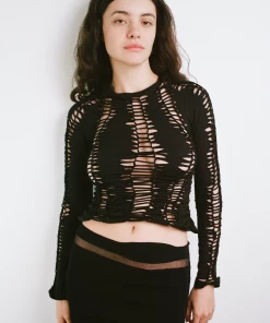 Samuday Black Crochet Top Long Sleeve
