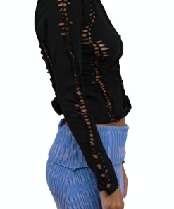Samuday Black Crochet Top Long Sleeve