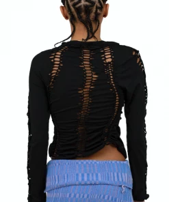 Samuday Black Crochet Top Long Sleeve