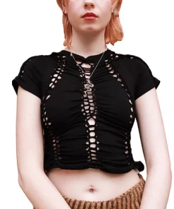 Samuday Black Crochet Top Short Sleeve Apparel