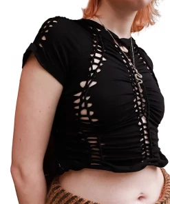 Samuday Black Crochet Top Short Sleeve Apparel